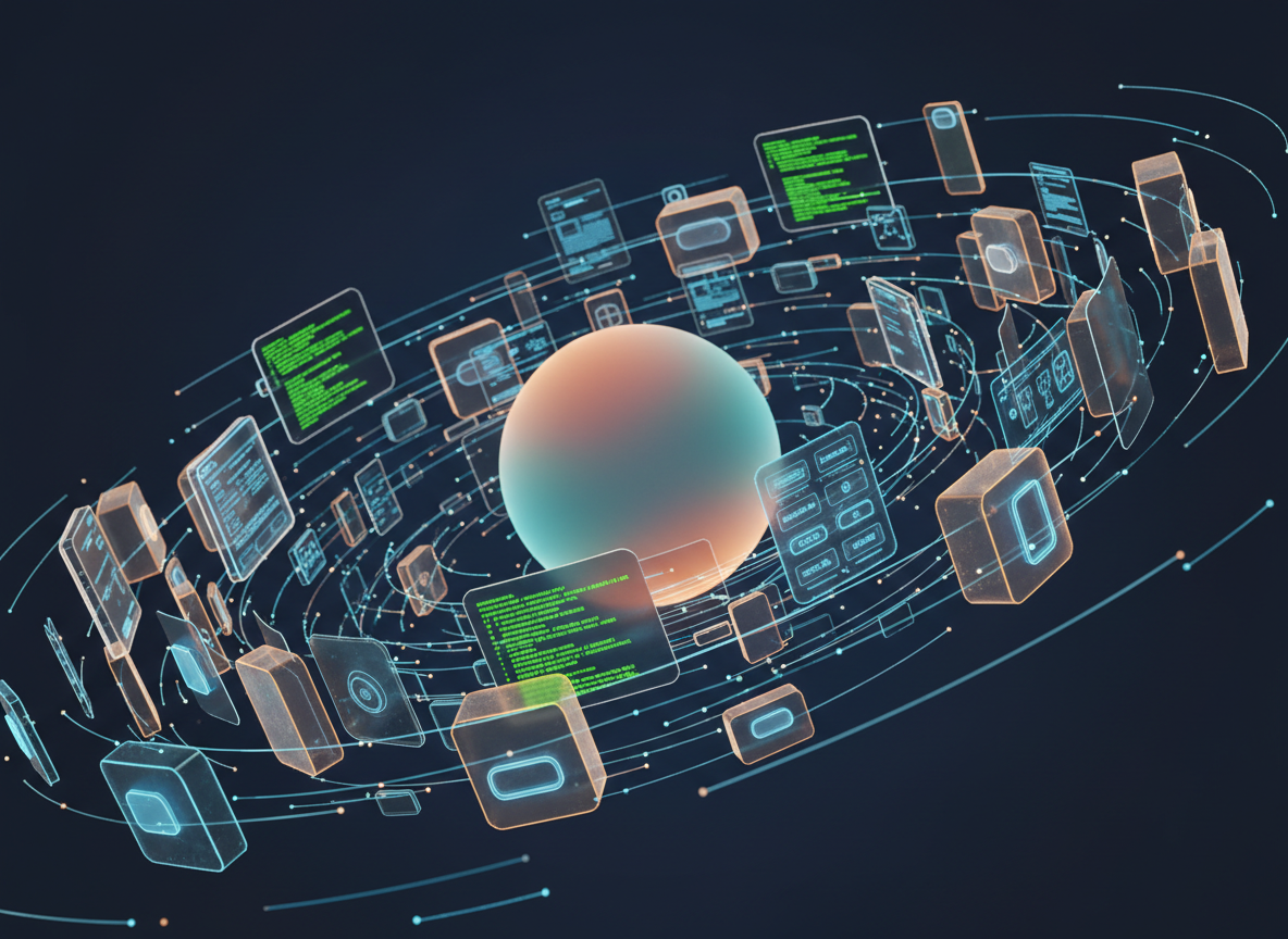 A cozy, digital-art workshop composed entirely of floating, modular cubes: some cubes show evolving code snippets, others display wireframe interfaces, while a few morph in real time into polished components. The cubes orbit a central, glowing sphere that pulses with soft gradients of orange and teal, symbolizing an AI co-creator. The background is a deep navy with subtle particle trails tracing the cubes’ paths. Gentle, diffused studio lighting with soft highlights on cube edges creates a comfortable, inviting atmosphere rather than a harsh lab feel. Captured from a slightly low, wide-angle perspective, the composition emphasizes the playful, dynamic motion of experimentation. The overall mood is warm, curious, and optimistic, presenting software creation as an open-ended playground instead of a rigid assembly line, aligned with play-first programming ideals.