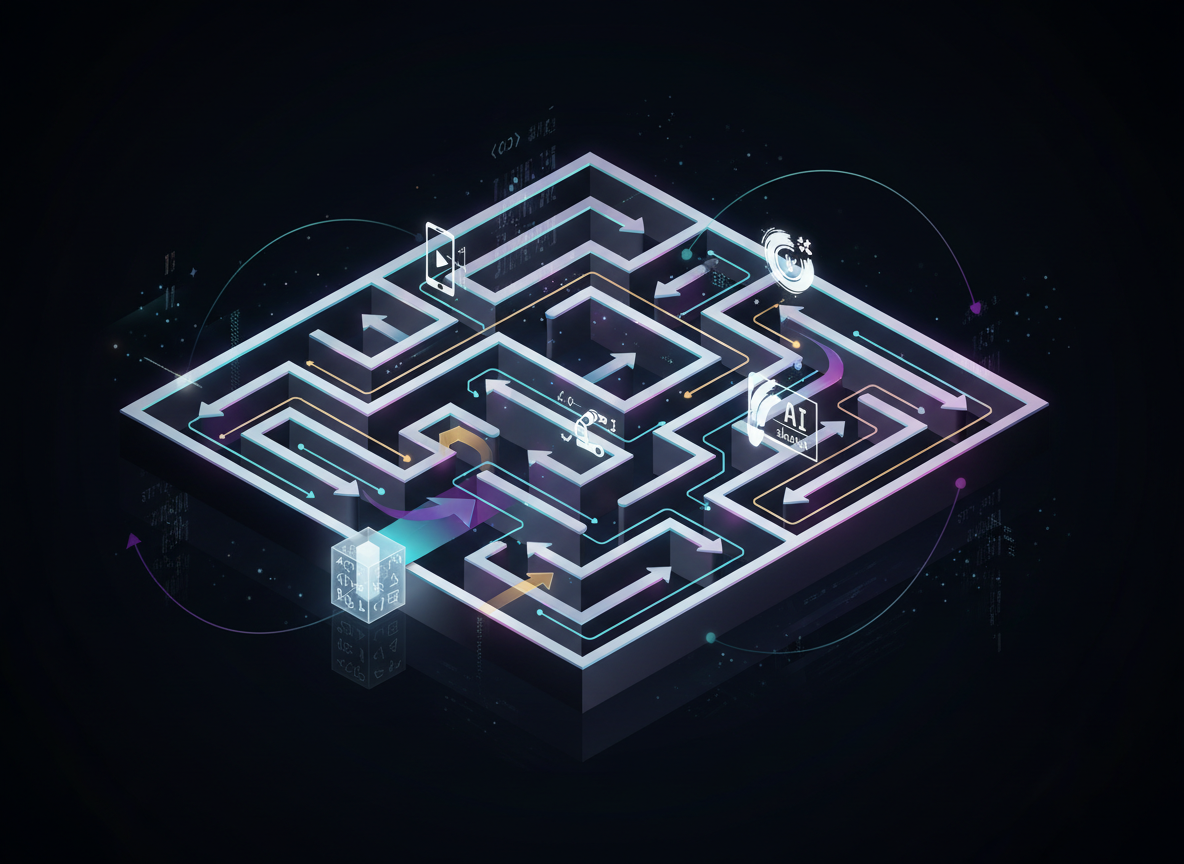 A stylized digital-art illustration of a glowing maze made of interconnected circuit traces and branching flow arrows, floating in a dark, void-like space. At the maze’s entrance lies a small, luminous cube labeled with abstract symbols, and within the pathways are scattered playful icons representing half-formed apps, tiny prototypes, and AI-generated sketches. Soft, directional rim lighting in cyan and magenta outlines the metallic maze walls, while the floor beneath reflects faint, distorted echoes of the structure. The composition uses a dynamic isometric perspective, emphasizing depth and multiple possible paths. Thin beams of light occasionally leap from one route to another, suggesting rapid iteration and pivots. The mood is adventurous and exploratory, with a clean, modern, tech-forward style that visually explains the process of navigating ideas through playful experimentation.