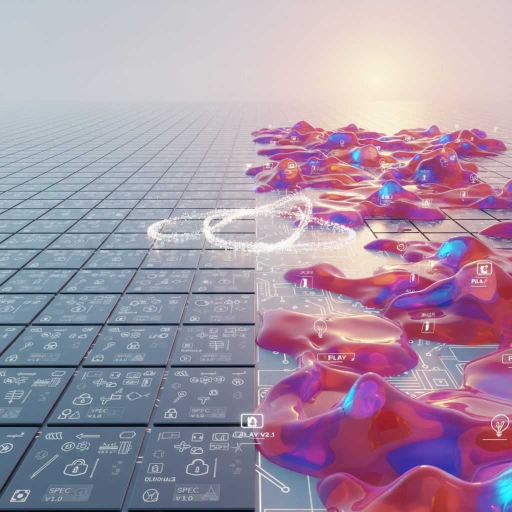 A digital-art split-screen landscape where the left side shows a rigid, monochrome grid of locked-in boxes labeled with tiny specification icons, while the right side blossoms into a vibrant, fluid terrain of morphing shapes representing evolving prototypes. In the center, a glowing, translucent bridge of light shaped like a looping scribble connects the two worlds. The environment is an abstract, infinite plane with faint, circuit-like etchings underfoot. Overhead, soft golden hour lighting gradually transitions from cool gray on the left to warm pink and orange on the right, symbolizing the shift from planning to play. Captured from a cinematic, wide-angle perspective with strong leading lines toward the bridge, the mood is transformative and uplifting, with a clean, modern digital-art style that makes the philosophy of exploration before specification immediately legible.