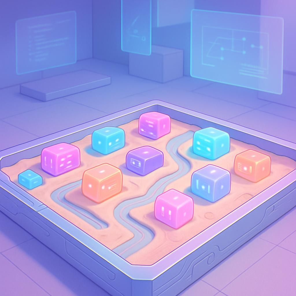 A digital-art scene of a lively, pastel-colored sandbox shaped like a giant circuit board, each sandbox cell filled with glowing, malleable blocks of code that look like jelly. The sandbox sits in the center of a minimalist tech studio, with sleek, semi-transparent screens hovering in the background displaying faint, evolving diagrams. Overhead, diffused ambient lighting mixes soft purples and blues, casting gentle reflections on metallic edges and subtle shadows in the sand’s carved paths. The composition is a slightly elevated three-quarter view, drawing the eye across experimental trails carved through the code-sand. The atmosphere is playful and experimental, suggesting ideas being discovered through tinkering rather than planning. Clean lines, smooth gradients, and a vibrant, futuristic aesthetic reinforce the philosophy of exploration before specification.